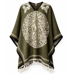 Mexican Aztec Calendar Poncho | Olive Green Woven Gaban Sarape
